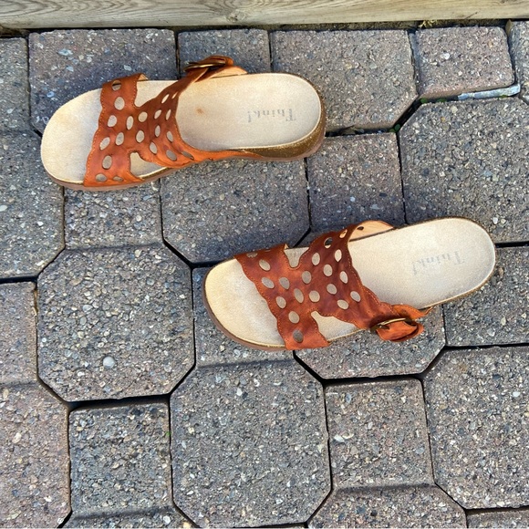 Think women tangerine and brown laser cut designed slip on sandal. Size 37. Used - Picture 3 of 9